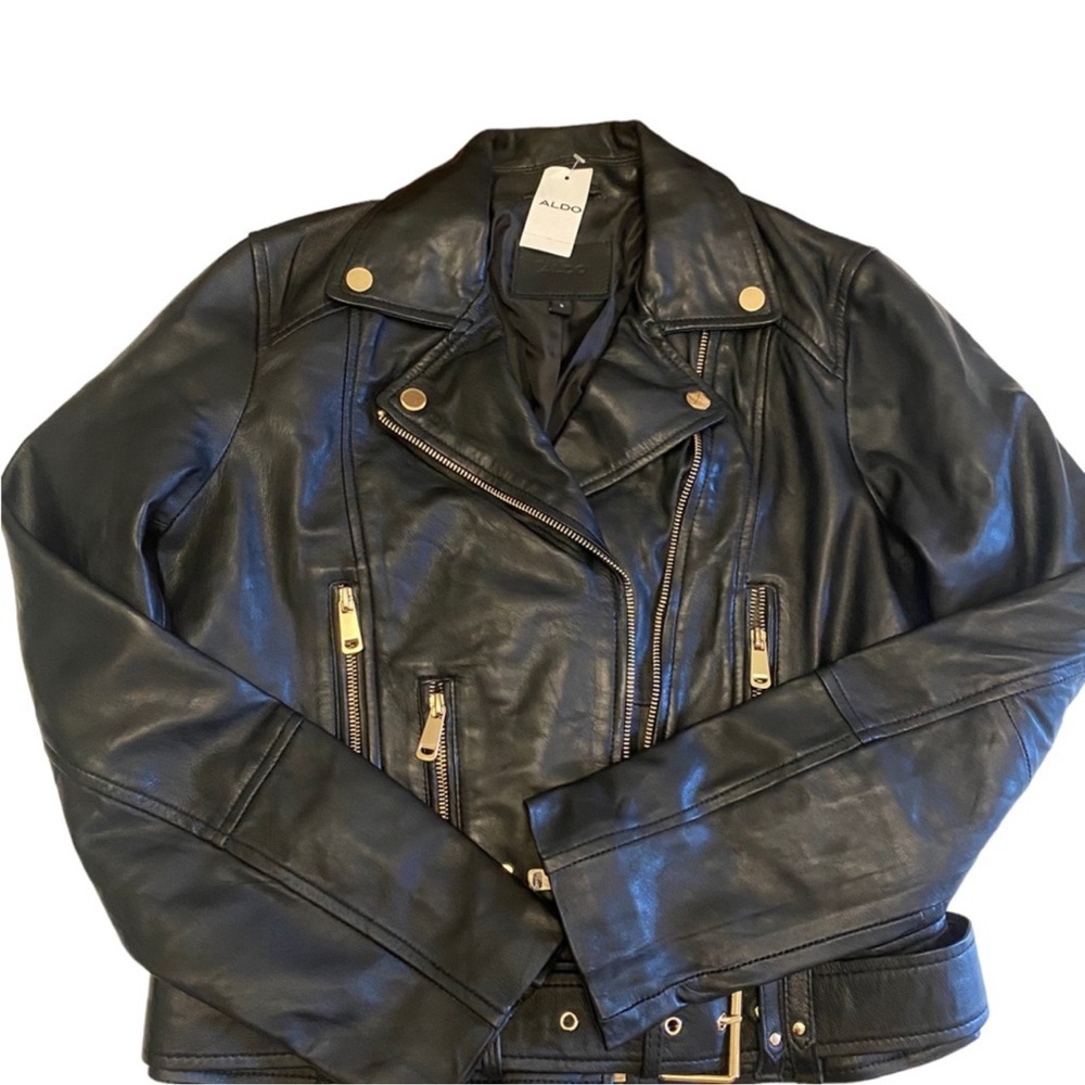 Aldo Adirasa Women's Genuine Leather Motorcycle Jacket Black Gold Tone Size S